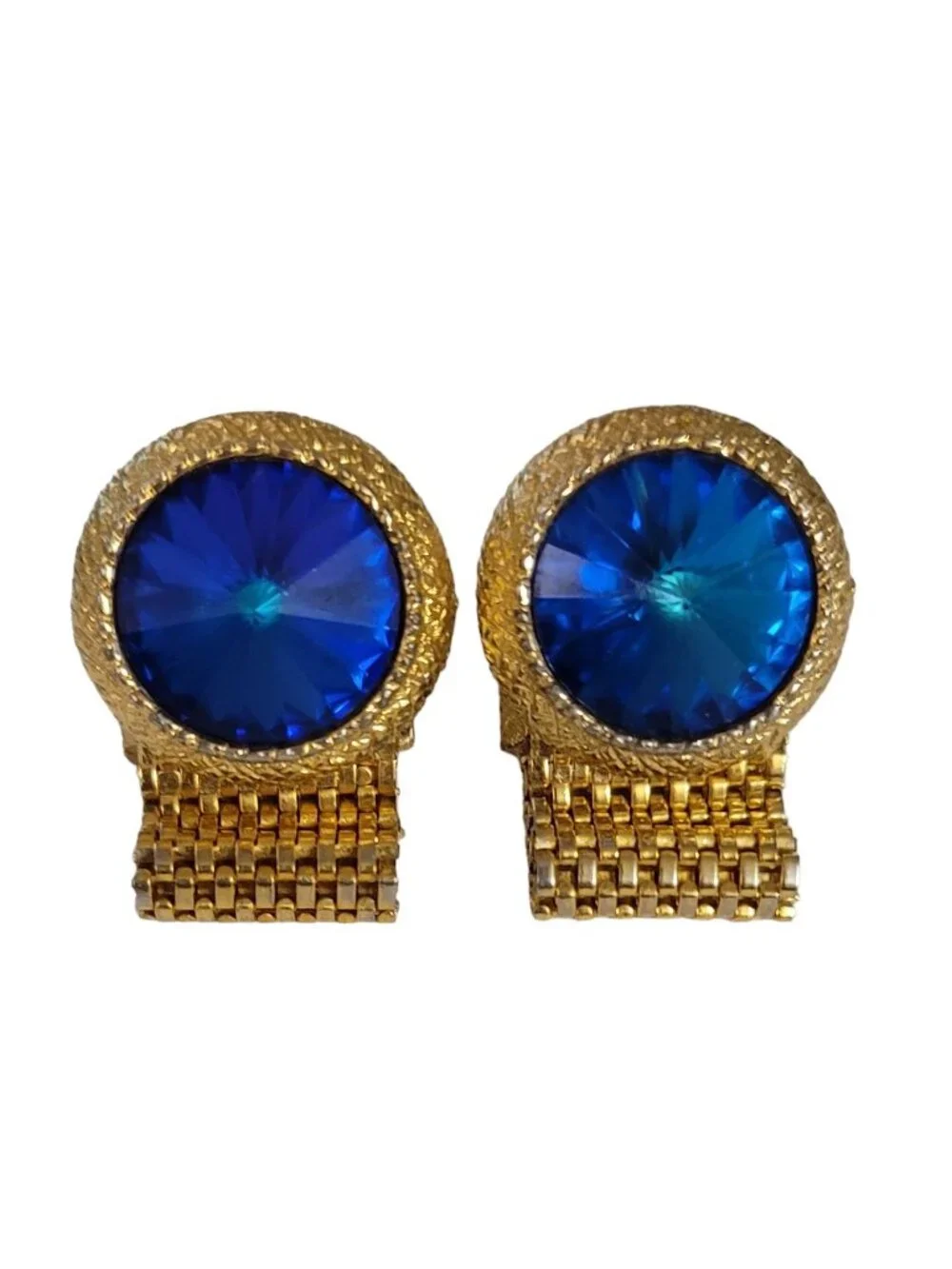 Dante Gold Tone Blue Rivoli Mesh Wrap Chain Cufflinks, Signed E109